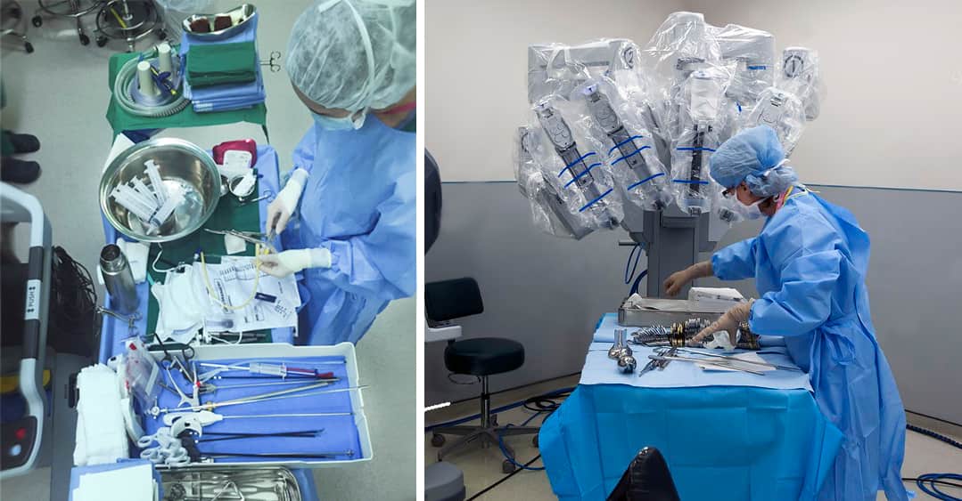 Медсестра подготавливает набор инструментов в соответствии с типом роботической операции